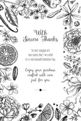 Thank you card design, floral invitation template. Vintage perfume and cosmetic hand-drawn vector illustration. Aromatic plants and flower sketches. NOT AI generated