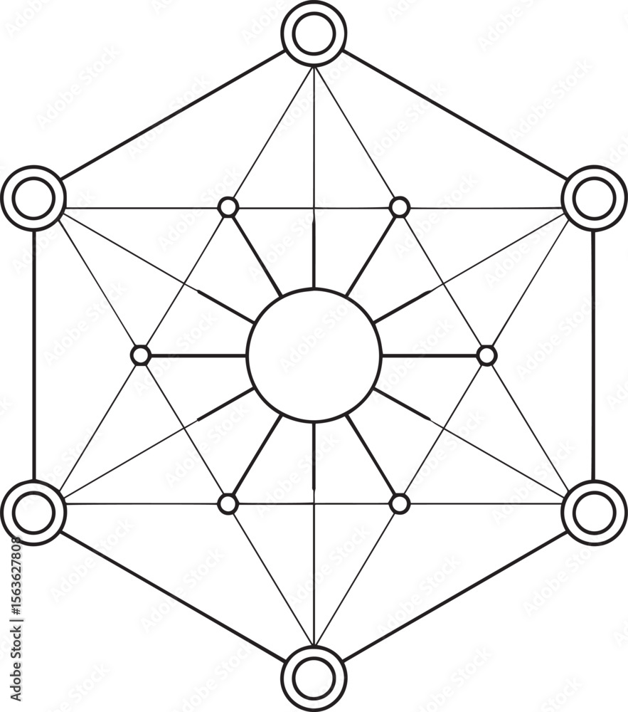Poster abstract hub spoke, data hub symbols, centralized node design, abstract tech icons, digital connecti