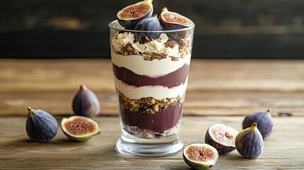Aesthetic breakfast or dessert parfait with figs and cream, elegantly arranged in a glass, placed on a wooden table.