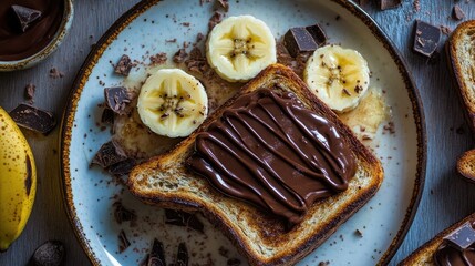Aesthetic breakfast plate with toasted bread, chocolate spread, and banana slices, presented beautifully.