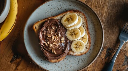Aesthetic breakfast plate with toasted bread, chocolate spread, and banana slices, presented beautifully.