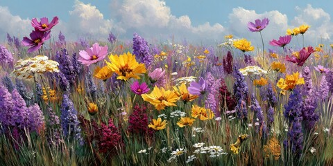 Vibrant wildflower field in full bloom during a sunny day with fluffy clouds overhead