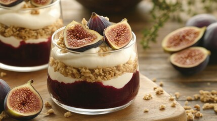 Aesthetic dessert photography featuring a fig parfait in a glass, layered with smooth cream and ripe fig slices.