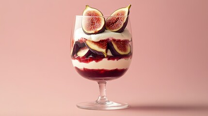 Aesthetic dessert photography featuring a fig parfait in a glass, layered with smooth cream and ripe fig slices.