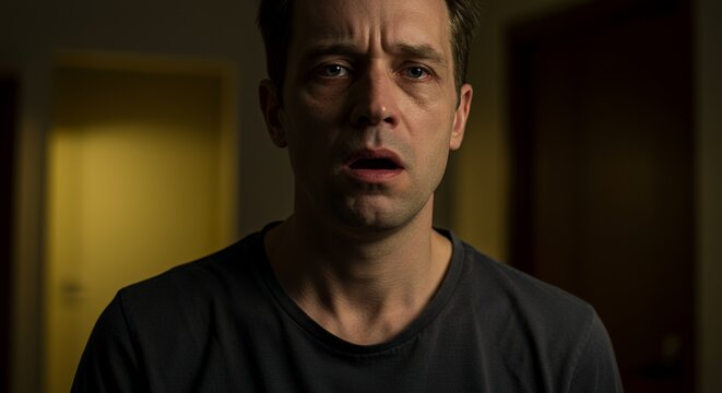 A man's face shows fear and apprehension as he stands in a dimly lit hallway, his expression conveying a sense of unease and vulnerability.