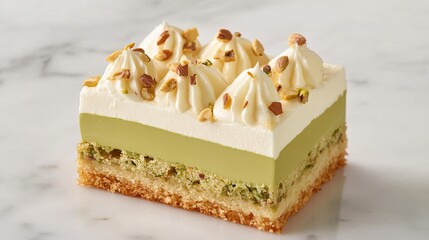 Aesthetic food photography of a pistachio-flavored cake slice with cream and chopped nuts, placed on a marble countertop.