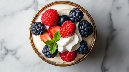 Aesthetic food photography of a rich New York cheesecake, topped with whipped cream and fresh berries, placed on a marble surface.
