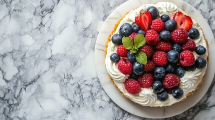Aesthetic food photography of a rich New York cheesecake, topped with whipped cream and fresh berries, placed on a marble surface.