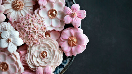 Sam Pan Nee, Thai dessert in pastel pink color tone with various flower shaped, Coconut milk flavor taste, Authentic Thai traditional handcraft snack in Dark background