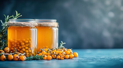 Aesthetic food photography of golden honey-fermented sea buckthorn in glass jars, styled on a blue surface with fresh berries.