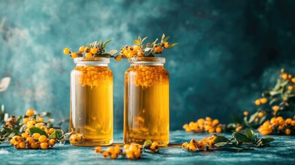 Aesthetic food photography of golden honey-fermented sea buckthorn in glass jars, styled on a blue surface with fresh berries.