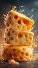 Cheese blocks cascade with droplets in a vibrant display of texture and color