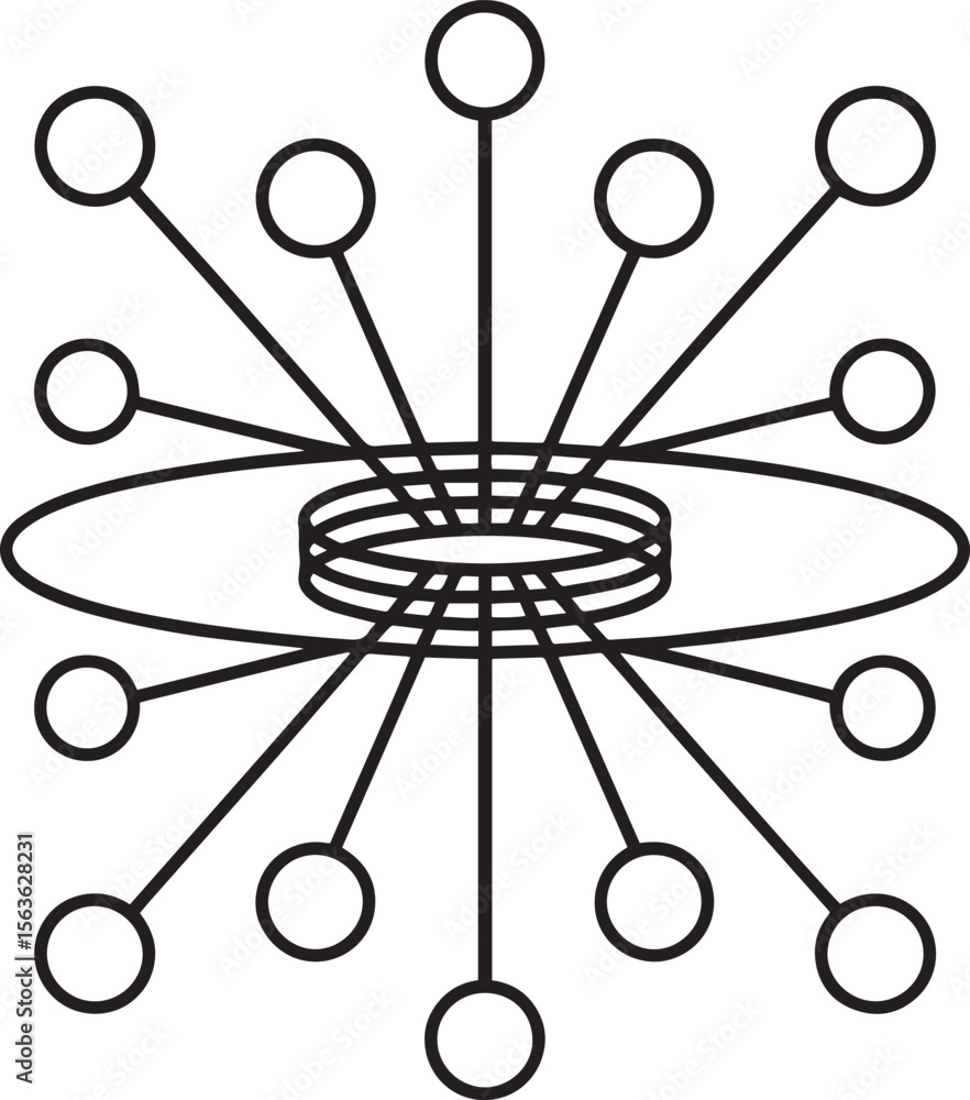 Poster abstract hub spoke, data hub symbols, centralized node design, abstract tech icons, digital connecti