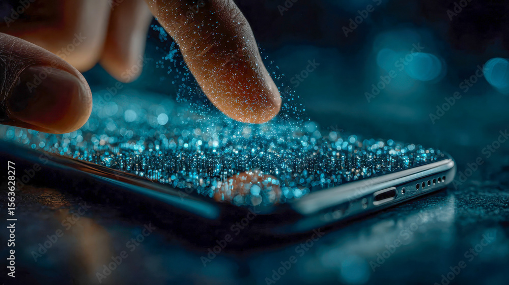Poster close-up of a fingertip touching a smartphone screen, with sparkling blue particles illustrating dig