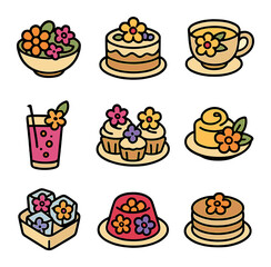 Floral Delicacies Icons. Solid, filled icons set of dishes with edible flowers: floral salad, flower-infused
