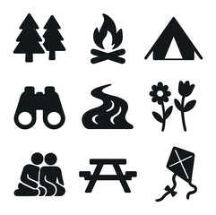 Nature Icons Grid. Solid, filled icons set of nature and leisure: pine trees, campfire, tent, binoculars,