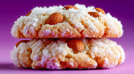 Macro shot of a crunchy almond cookie with purple and chocolate toppings, beautifully detailed with a single almond on top