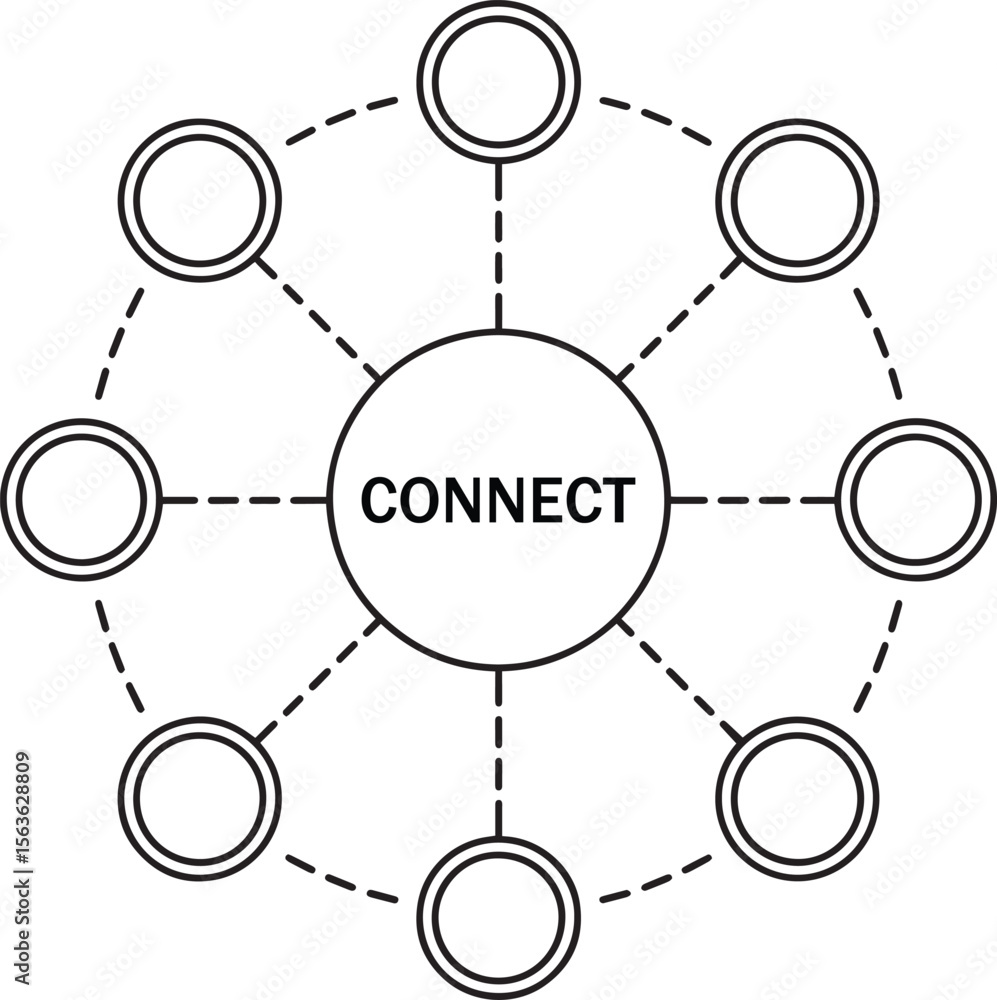 Poster abstract hub spoke, data hub symbols, centralized node design, abstract tech icons, digital connecti