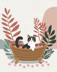 Pet Spa & Wellness Day cat spa wellness, botanical pet bath illustration, minimalist home decor