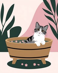 Pet Spa & Wellness Day cat spa wellness, relaxing bath illustration, minimalist pet care
