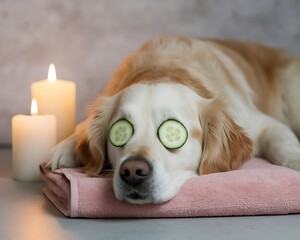 Pet Spa & Wellness Day golden retriever spa day, pet wellness relaxation, cucumber eye mask dog