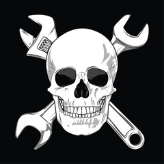 Back view of a skull with crossed wrenches.