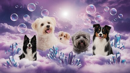 Pet Spa & Wellness Day fantasy dog dreamscape, surreal pet clouds, crystal sky illustration, surreal dog dreamscape, magical pet fantasy scene, cloud crystal canine world