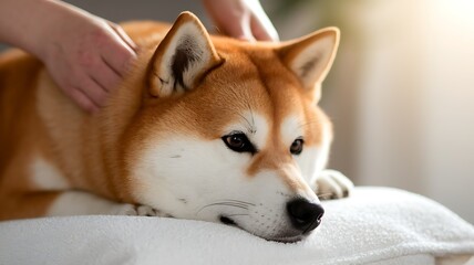 Pet Spa & Wellness Day shiba inu dog spa, relaxing pet massage session, wellness care close-up