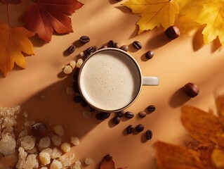 Cup of coffee is surrounded by coffee beans and leaves