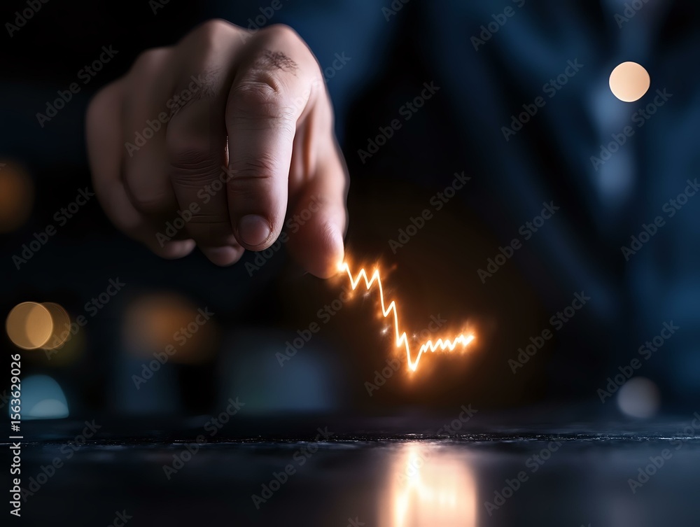 Aufkleber male hand drawing glowing lightning bolt shape in dark environment with bokeh lights, creating magic