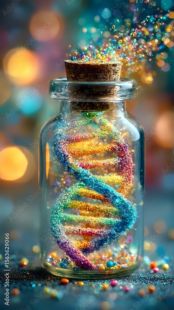 Poster magical glowing dna helix made of colorful sparkles and glitter particles floating in glass bottle w