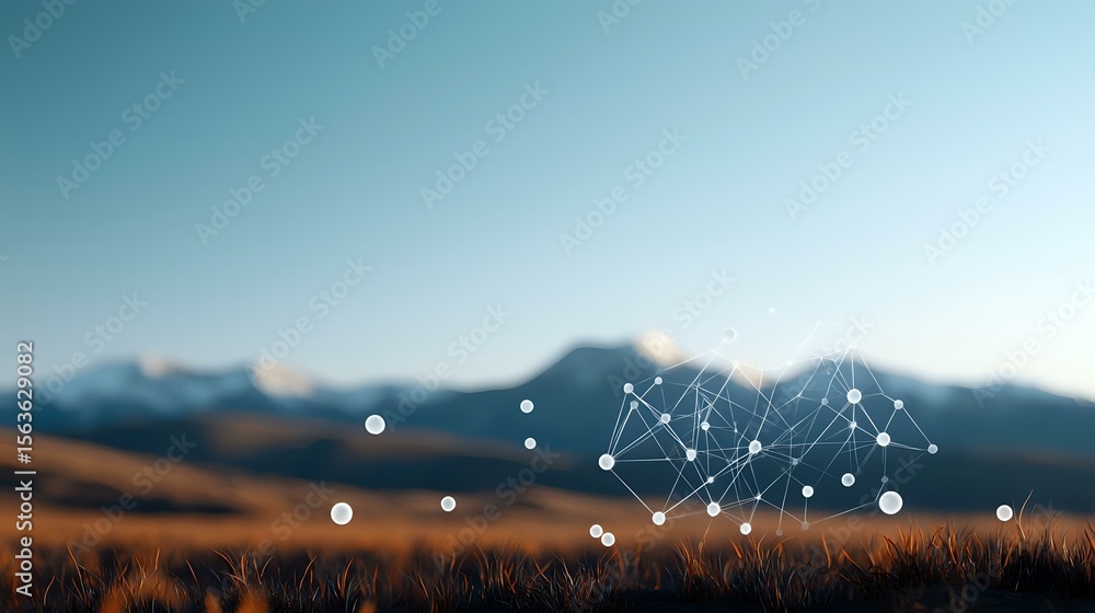 Aufkleber digital network nodes floating over autumn mountain landscape at dusk, connecting dots and lines ill