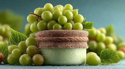 A skincare jar filled with grape-infused cream, surrounded by fresh dewy grapes and autumn-colored leaves, creating a refreshing, natural beauty product presentation