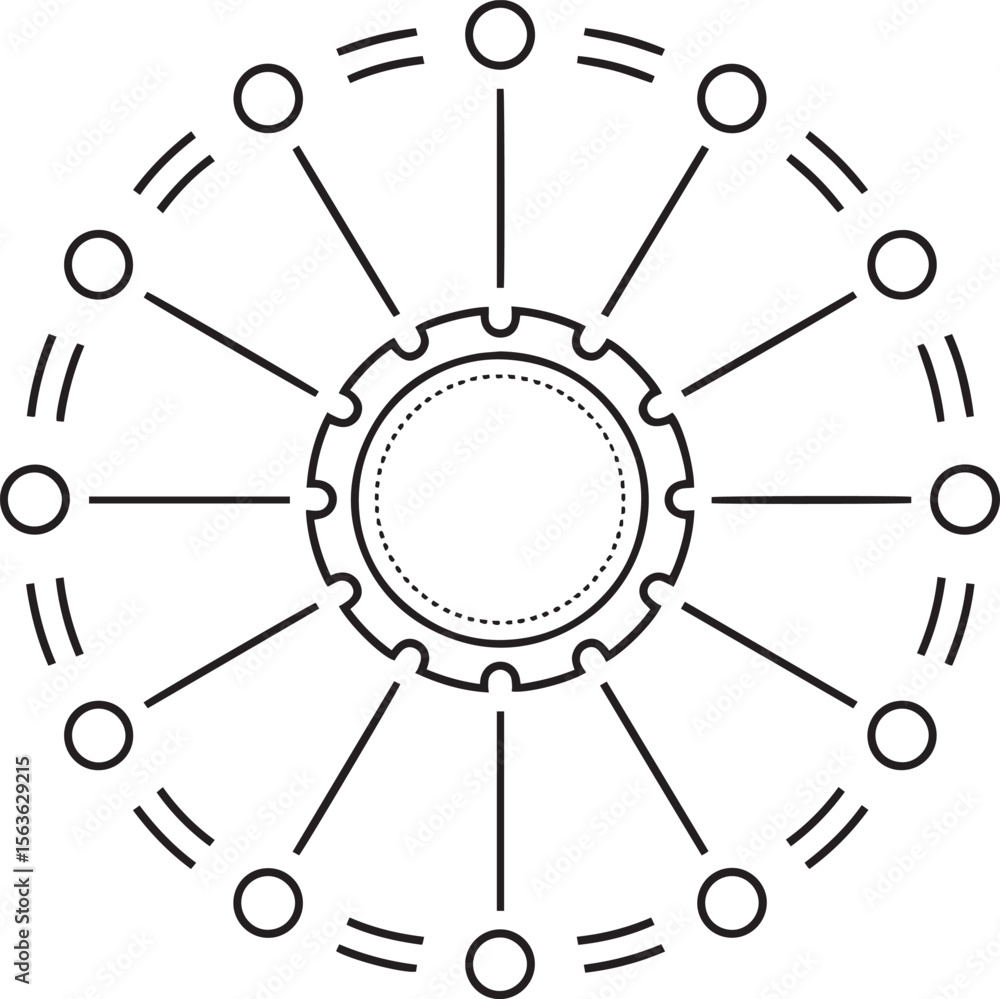 Poster abstract hub spoke, data hub symbols, centralized node design, abstract tech icons, digital connecti