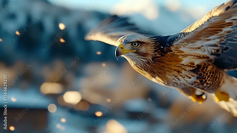 Poster majestic hawk in flight with spread wings against blurred bokeh background, dramatic close-up portra