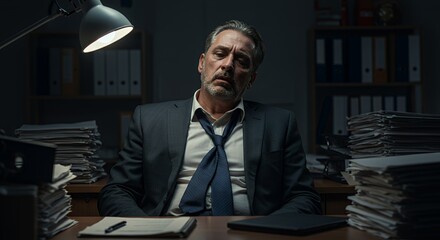 Exhausted businessman slumped over his desk, surrounded by piles of paperwork, late at night under a desk lamp.