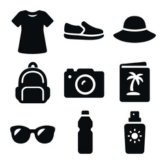 Summer Travel Essentials Icons. Solid, filled icons set of travel-ready summer outfits: T-shirt dress, slip-on