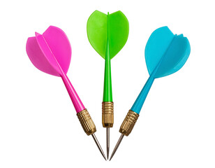 Cluster of Colorful Darts Pointing Inward in Circular Formation, isolated on transparent background.