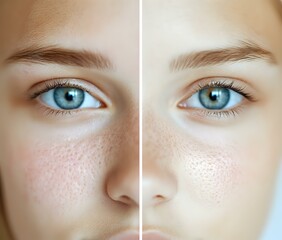 Fototapeta premium Close-up comparison of facial skin texture showing pores and freckles before and after retouching, featuring bright blue eyes and natural eyebrows.