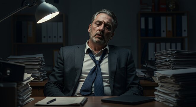 Exhausted businessman slumped over his desk, surrounded by piles of paperwork, late at night under a desk lamp.