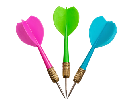 Cluster of Colorful Darts Pointing Inward in Circular Formation, isolated on transparent background.