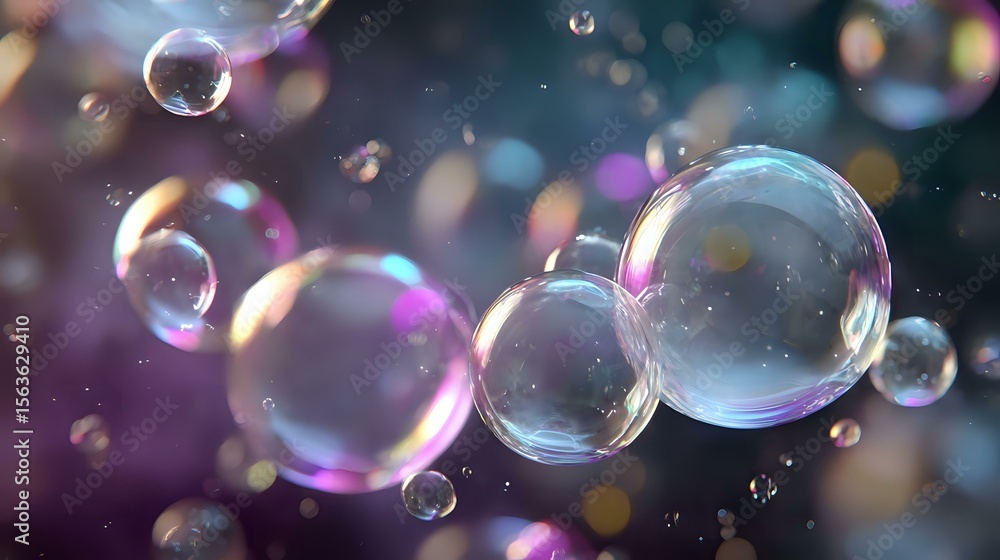Poster floating soap bubbles with rainbow reflections against dark blurred background with bokeh lights cre