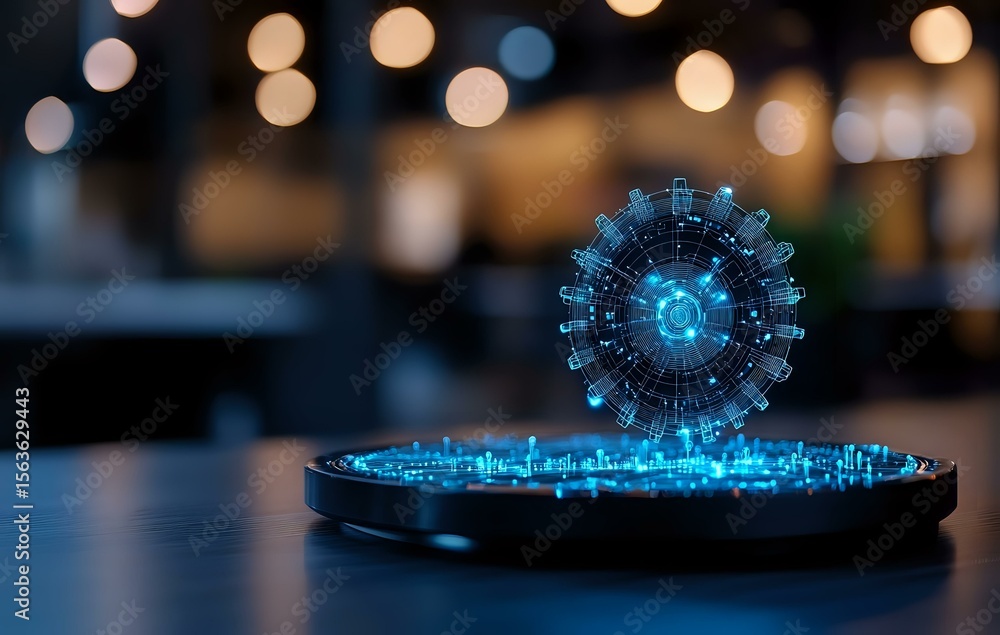Poster glowing blue holographic coronavirus molecule floating above digital platform with bokeh background 