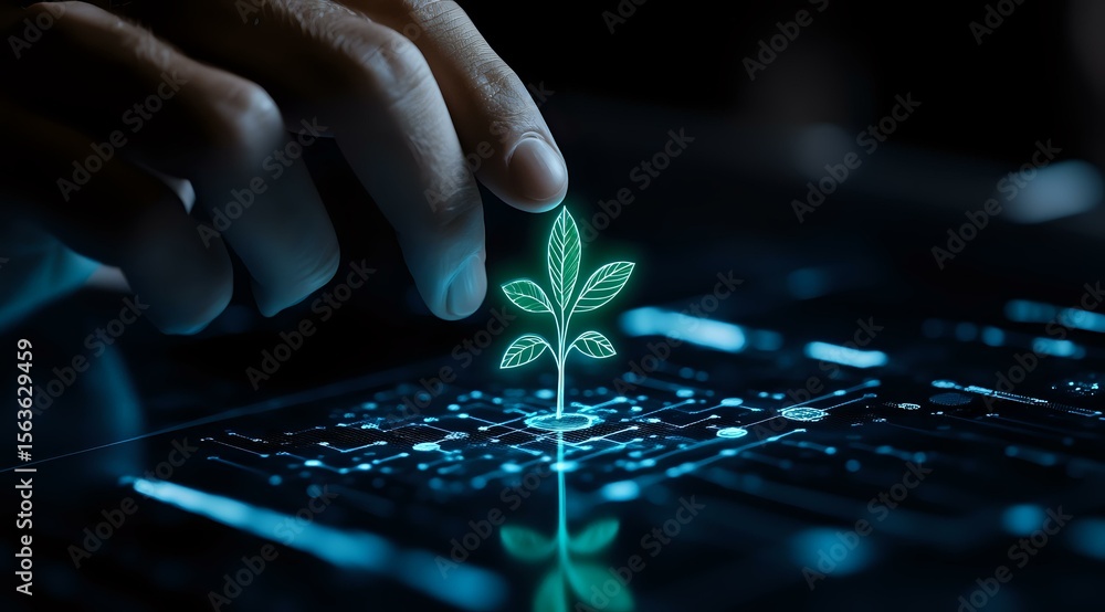 Aufkleber small green plant sprout growing from computer keyboard in dark environment with hand reaching towar