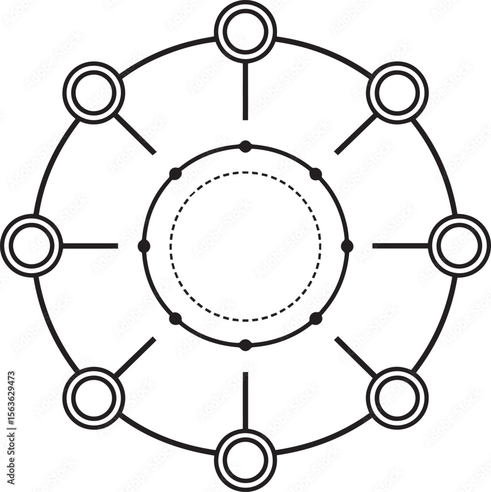 Poster abstract hub spoke, data hub symbols, centralized node design, abstract tech icons, digital connecti