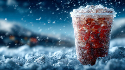 A refreshing glass of iced cola with frosty condensation, surrounded by ice cubes and water splashes against a cool, wintery blue background
