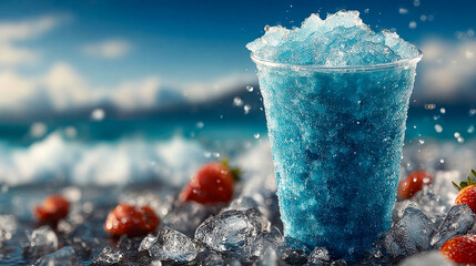 A refreshing blue slushy drink in a clear disposable cup, surrounded by ice cubes and fresh strawberries, set against a bright, summery beach backdrop