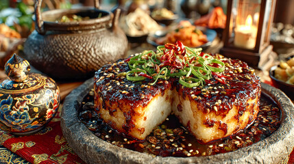 A traditional Korean rice cake coated in a glossy soy glaze, garnished with sliced green onions, chili peppers, and sesame seeds, served on a stone plate