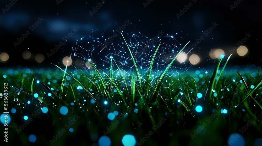 Poster magical glowing grass blades in dark night with bokeh lights and sparkles creating ethereal nature a