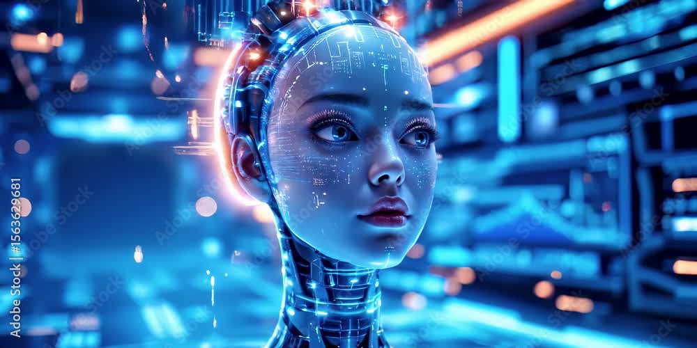 Poster digital ai negotiator with humanoid features in a cybernetic environment, showcasing future technolo